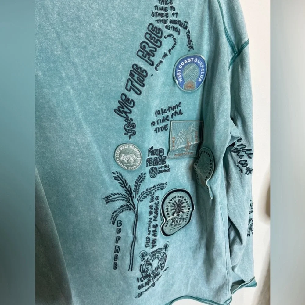 Free People Ivy Tee Surfing Long Sleeve Embroidered Patches Vintage Shirt Sz S - Picture 7 of 7